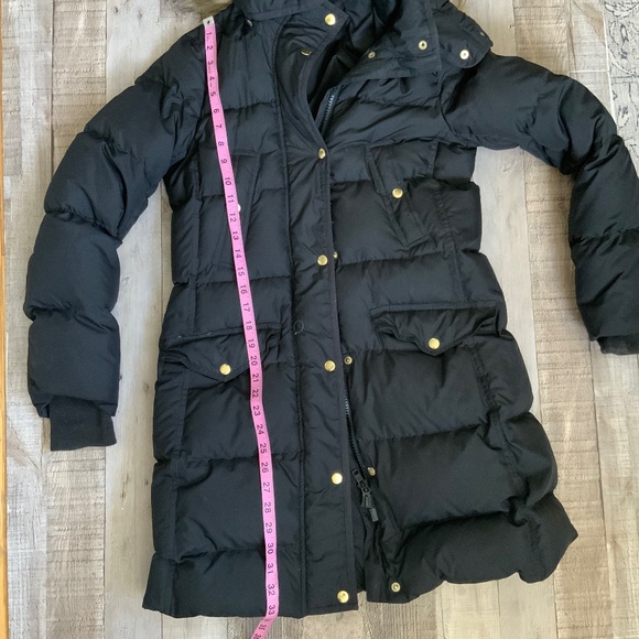 J Crew Down Filled Hooded Puffer Coat Jacket Faux Fur Trim Black SZ S - Picture 13 of 16